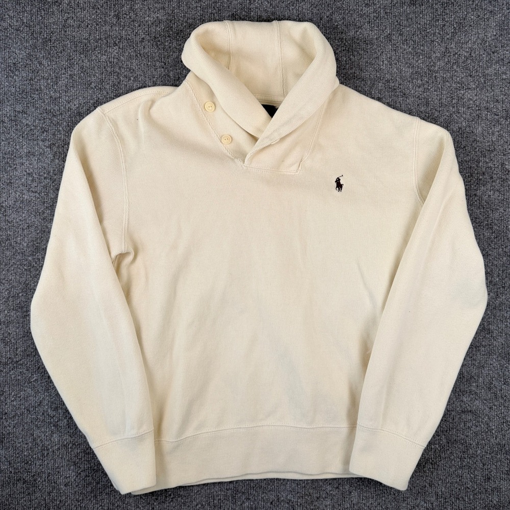 VTG Polo Ralph Lauren Sweatshirt Mens M Cream Shawl Neck Pullover Sweater 90s